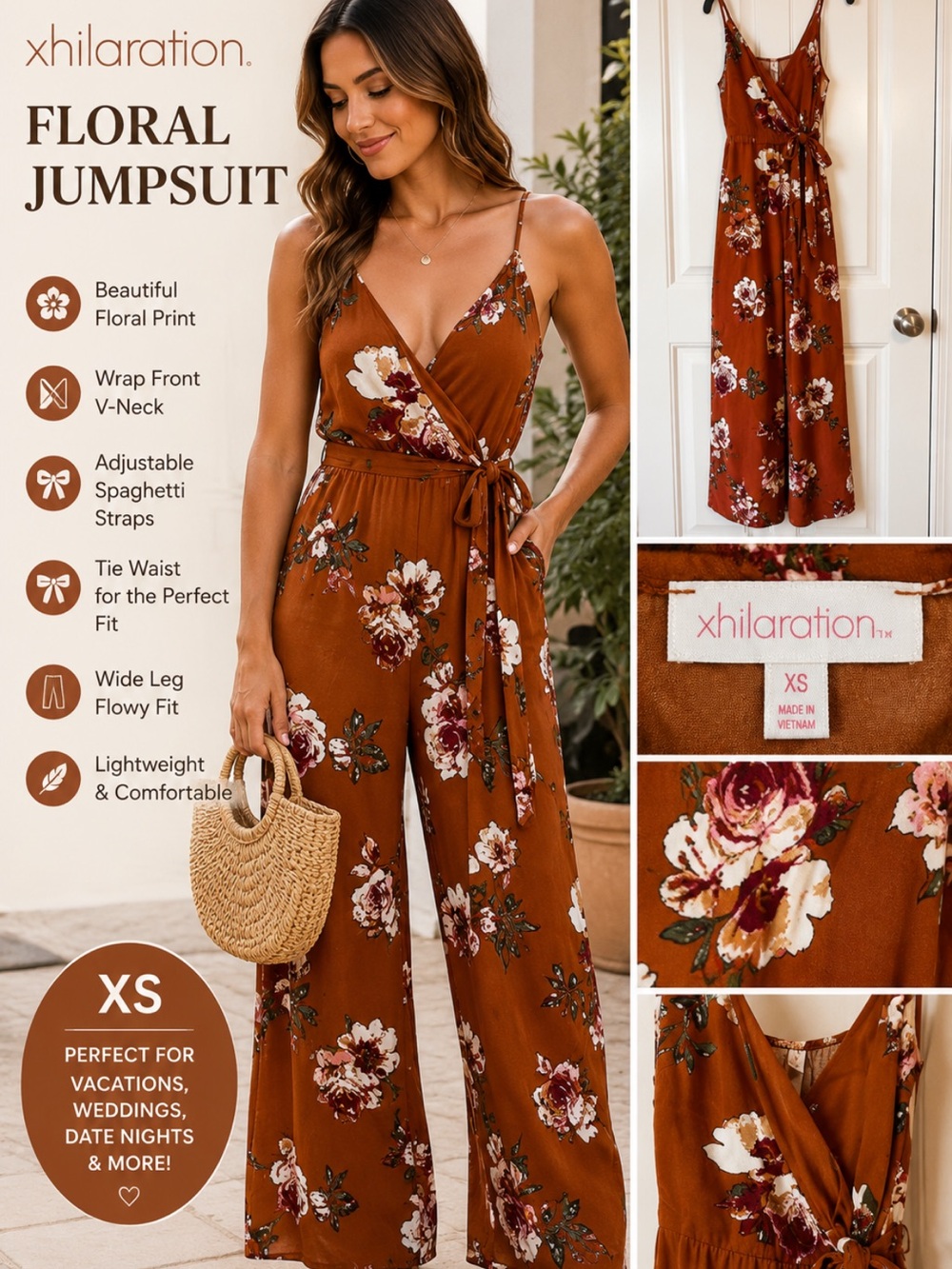 Xhilaration Rust Floral Wrap V-Neck Wide-Leg Jumpsuit